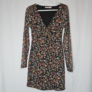 Fairycore Cottagecore Floral Ruched‎ Mini Dress Sheer Long Sleeve Coquette